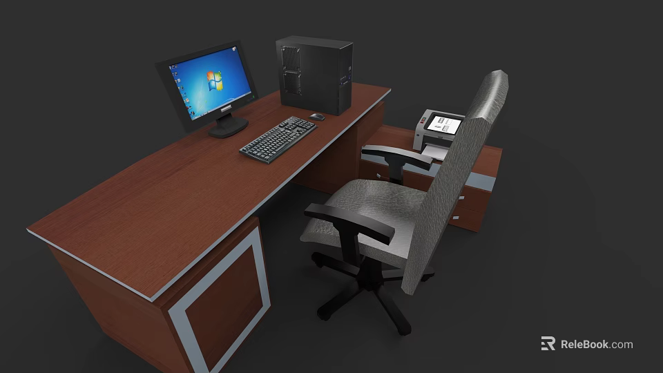Wooden Office Desk Setup with Computer Monitor CPU Tower Keyboard and Ergonomic Chair 3d model 