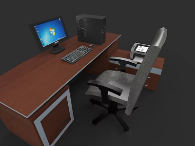 Wooden Office Desk Setup with Computer Monitor CPU Tower Keyboard and Ergonomic Chair 3d model