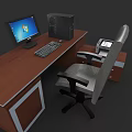 Wooden Office Desk Setup with Computer Monitor CPU Tower Keyboard and Ergonomic Chair