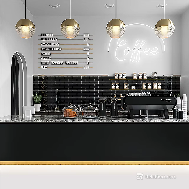 Modern Coffee Bar Counter With Neon Coffee Sign Pendant Lights And Black Brick Wall 3d model 