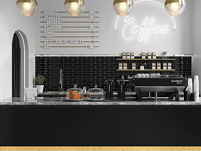 Modern Coffee Bar Counter With Neon Coffee Sign Pendant Lights And Black Brick Wall 3d model