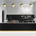 Modern Coffee Bar Counter With Neon Coffee Sign Pendant Lights And Black Brick Wall