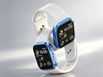 Modern Smartwatch With White Strap Blue Frame Displaying Time And Functional Icons 3d model