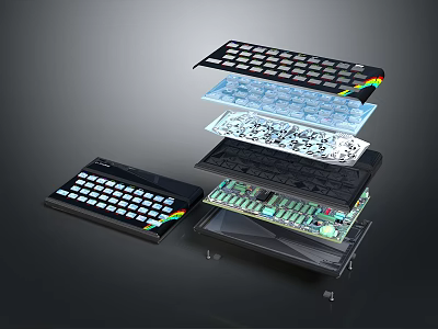 Detailed Stacked View of Mechanical Keyboard Internal Components with Circuit Board and Keycaps 3d model