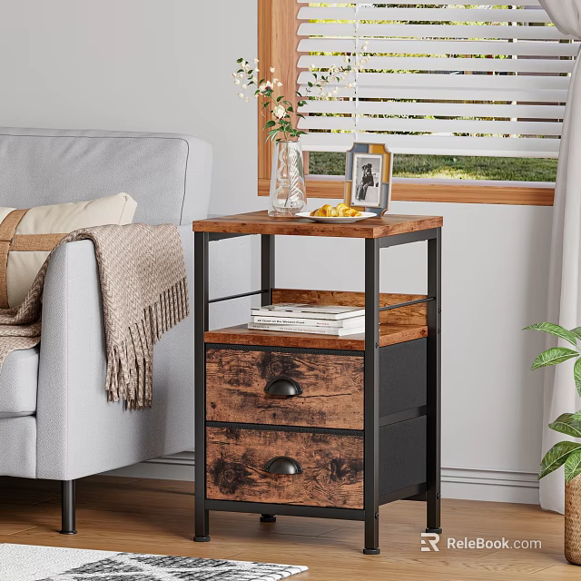Rustic Wooden Storage Shelf With Metal Frame Vase Photo Frame And Books In Living Room 3d model 