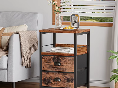 Rustic Wooden Storage Shelf With Metal Frame Vase Photo Frame And Books In Living Room 3d model
