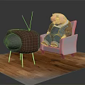 Game and Movie Character Sitting in White Armchair with Vintage TV on Wooden Floor