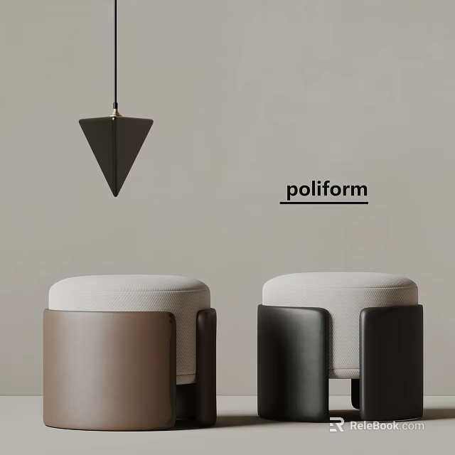 Poliform Two Brown And Black Sofa Stools With White Padded Tops And Minimalist Wall 3d model 