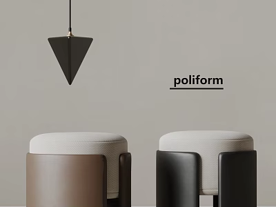Poliform Two Brown And Black Sofa Stools With White Padded Tops And Minimalist Wall 3d model