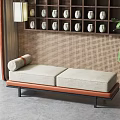 Modern Sofa Bench With Beige Cushions Brown Frame Gray Floor And Wall Shelf 3d model