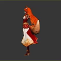 Game Fantasy Female Character with Red Hair Fox Ears Tail and Ornate Red Gold Outfit