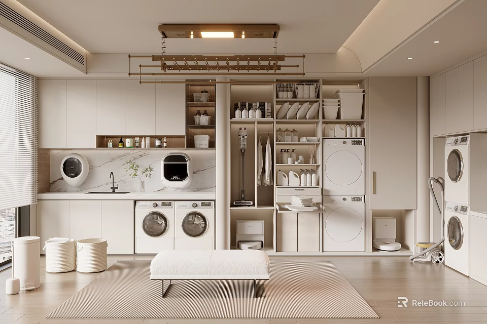 Modern Laundry Room Interior With Washing Machines Dryers Storage Cabinets Clothes Rack Bench And Rug 3d model 