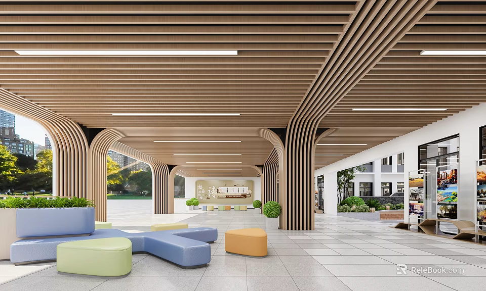 School’s Spacious Public Area With Wooden Ceiling Colorful Seats And Green Plants 3d model 