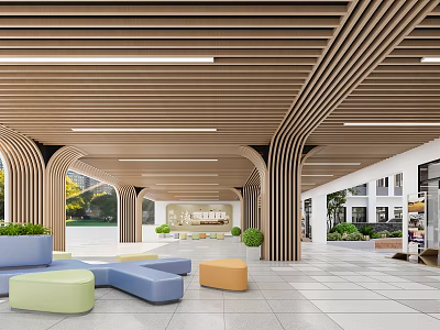 School’s Spacious Public Area With Wooden Ceiling Colorful Seats And Green Plants 3d model