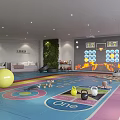 Vibrant Fitness Space With Large Exercise Ball Slide Rainbow Mat Kettlebells And Green Plant Wall