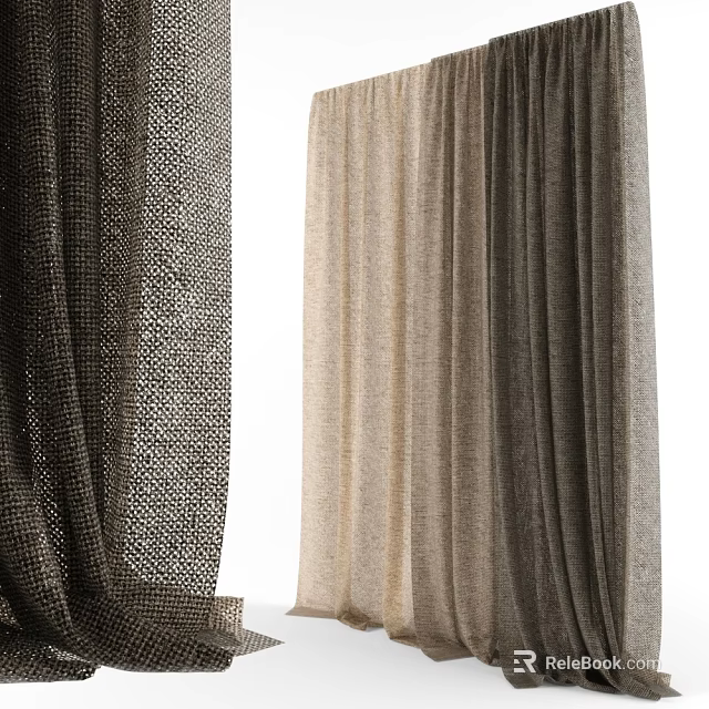 Elegant Modern Curtains with Textured Linen Fabric in Beige and Brown Tones 3d model 