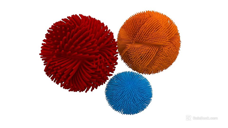 Three Colorful Textured Spherical Objects with Red Orange and Blue Hues 3d model 
