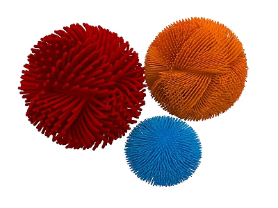 Three Colorful Textured Spherical Objects with Red Orange and Blue Hues 3d model