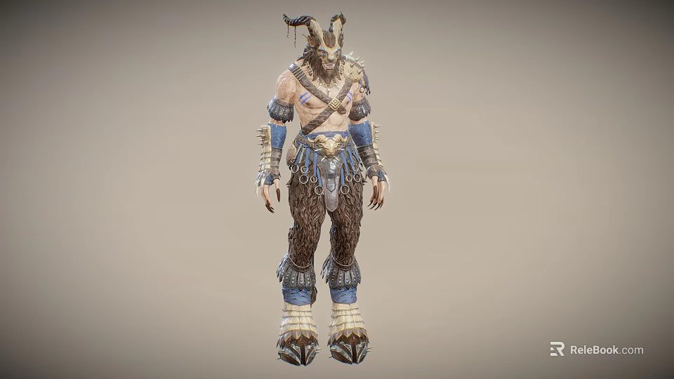 Fantasy Horned Mythical Creature With Brown Blue White Decorative Armor And Leather Clothing 3d model 