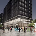 Modern Commercial Landscape with Outdoor Plaza Pedestrians Greenery and Seating