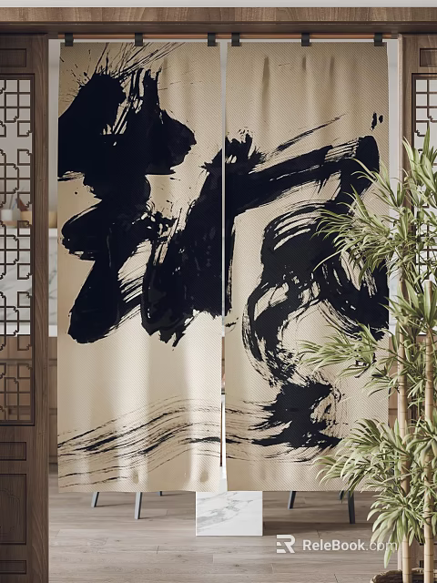 Beige Curtains With Black Ink Painting Design And Green Plant Decor 3d model 