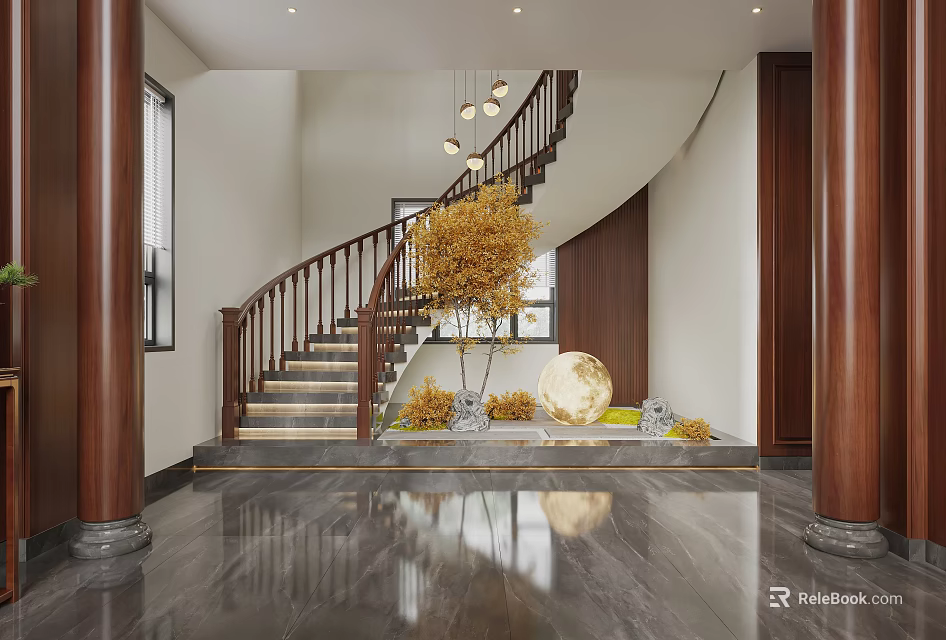 Modern Foyer Hallway With Wooden Staircase Marble Floor And Greenery 3d model 