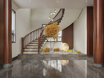Modern Foyer Hallway With Wooden Staircase Marble Floor And Greenery 3d model