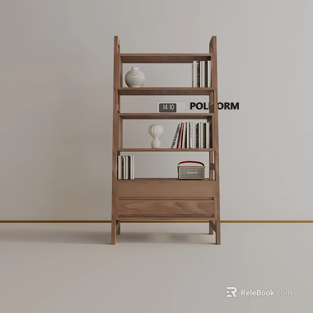 Modern Wooden Bookshelf With Books Vase Radio And POLORM Decorative Items 3d model 