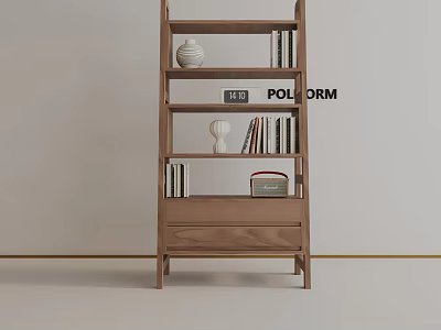 Modern Wooden Bookshelf With Books Vase Radio And POLORM Decorative Items 3d model