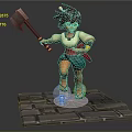 Animated Red Haired Character Holding Axe Standing On Stone Brick Base Figurine