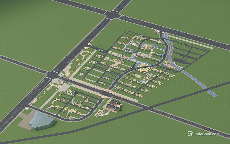 Aerial Planning Layout With Road Network Green Spaces And Water Features 3d model