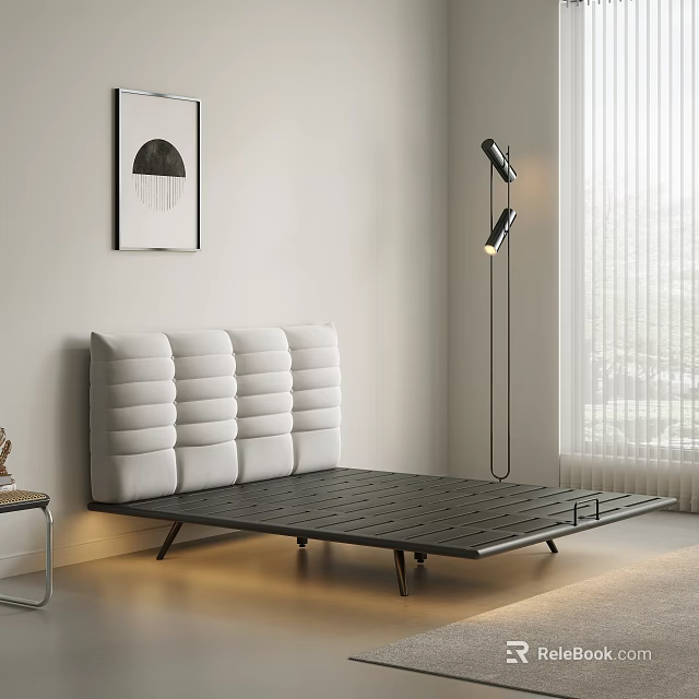 Modern Double Bed Design With Paneled White Headboard Black Frame Floor Lamp And Window Blinds 3d model 