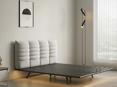 Modern Double Bed Design With Paneled White Headboard Black Frame Floor Lamp And Window Blinds 3d model