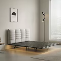 Modern Double Bed Design With Paneled White Headboard Black Frame Floor Lamp And Window Blinds
