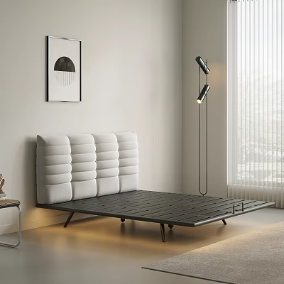 Modern Double Bed Design With Paneled White Headboard Black Frame Floor Lamp And Window Blinds 3d model
