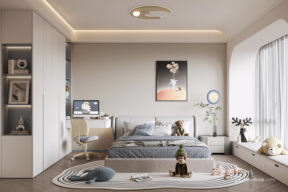 Modern Kids Room With Bed Desk Chair Teddy Bear Rug Decorative Poster And Ceiling Light 3d model 