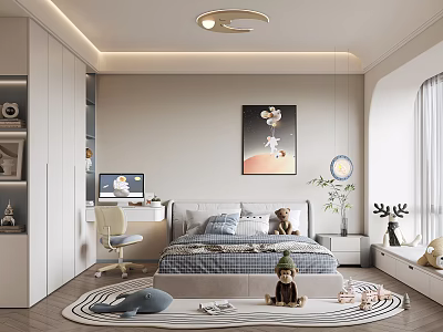 Modern Kids Room With Bed Desk Chair Teddy Bear Rug Decorative Poster And Ceiling Light 3d model