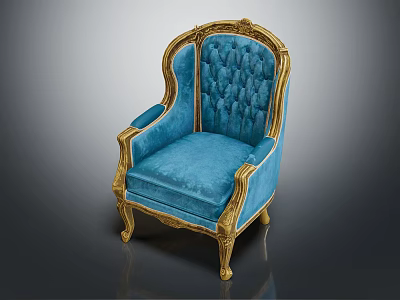 Luxurious Blue Tufted Velvet Armchair With Golden Ornate Frame And Classic Design 3d model