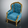 Luxurious Blue Tufted Velvet Armchair With Golden Ornate Frame And Classic Design