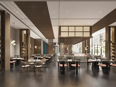 Spacious Modern Chinese Restaurant Interior With Wooden Lattice Screens Hanging Lamps And Neat Tables 3d model