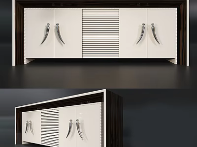 Modern TV Cabinet With White Doors Dark Frame Vertical Striped Panel And Silver Handles 3d model