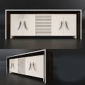 Modern TV Cabinet With White Doors Dark Frame Vertical Striped Panel And Silver Handles