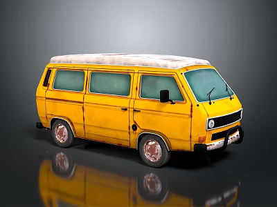 Vintage Yellow Bus with White Roof and Classic Wheels on Reflective Surface Against Gray Background 3d model