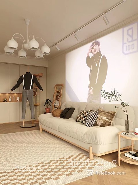 Modern Living Room Interior With Beige Sofa Throw Pillows Projection Screen And White Pendant Lights 3d model 