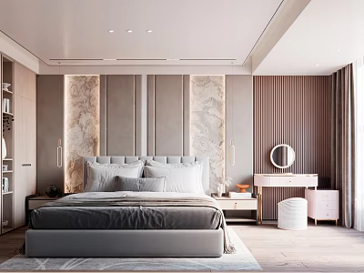Modern Elegant Bedroom Interior With Marble Accent Wall Large Bed And Dresser Mirror 3d model