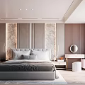 Modern Elegant Bedroom Interior With Marble Accent Wall Large Bed And Dresser Mirror