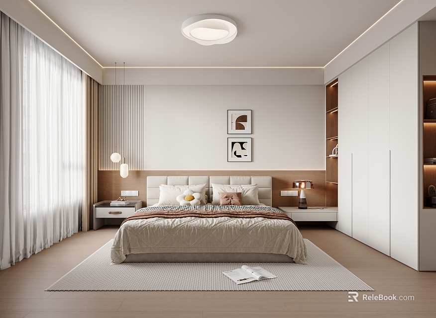 Modern Bedroom Interior With Large Bed Nightstands Lamps Wall Paintings Open Book And Rug 3d model 