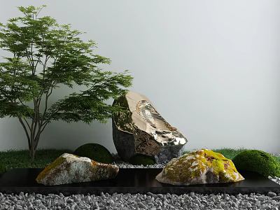 Garden Ornament Display With Green Tree Metallic Stone Natural Rocks Pebbles And Trimmed Shrubs 3d model
