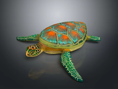 Vibrant Sea Turtle With Colorful Shell And Orange Green Patterns On Gray Background 3d model