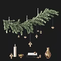 Elegant Festive Decorative Ornament Set With Green Pine Branches Candles Angel Figurines And Golden Ornaments